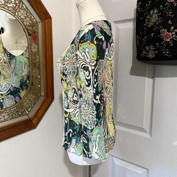 VTG 90s/Y2K Alberto Makali Green Multicolor Crinkle Sequin Whimsy 3/4 Sleeve Top - Picture 4 of 8